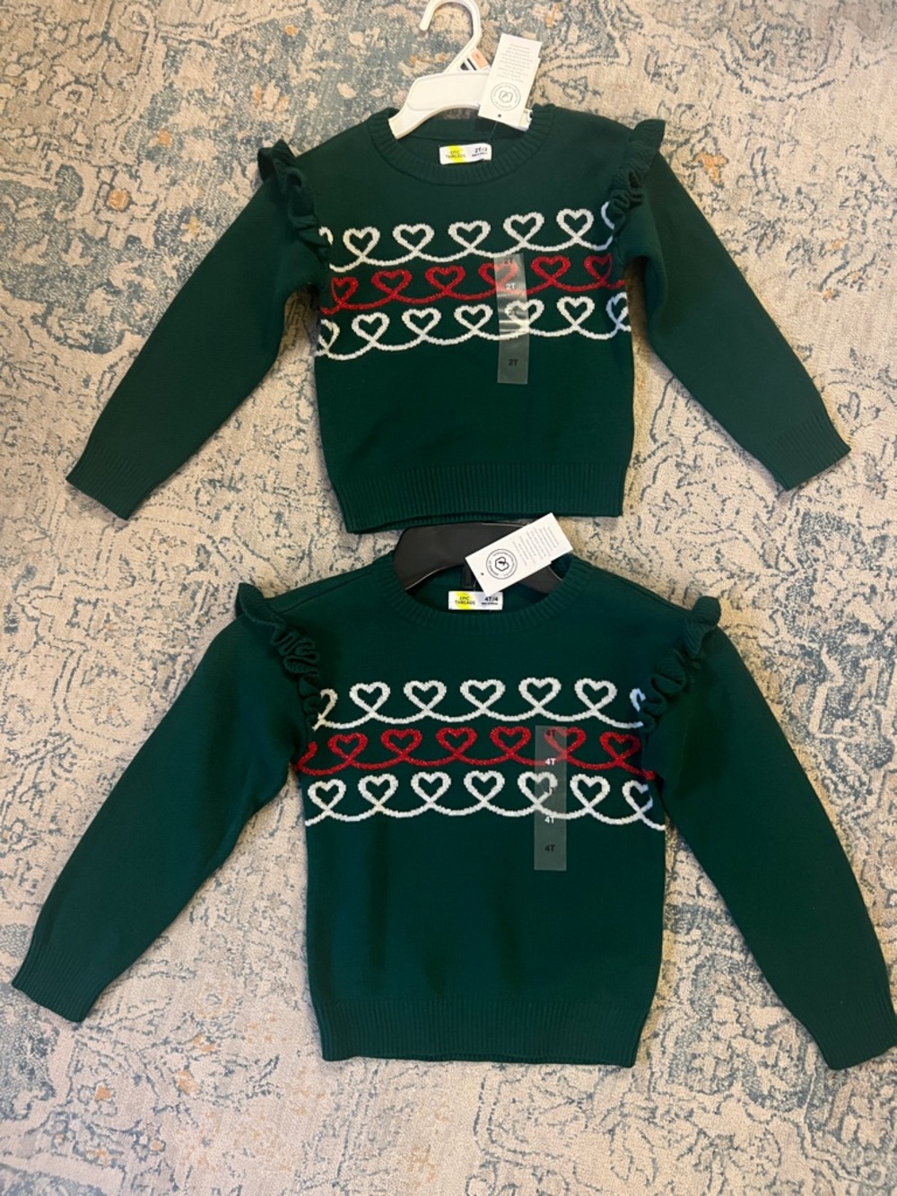 2T & 4T set of Epic Threads Dark Green Sweater with White and Red Heart Pattern